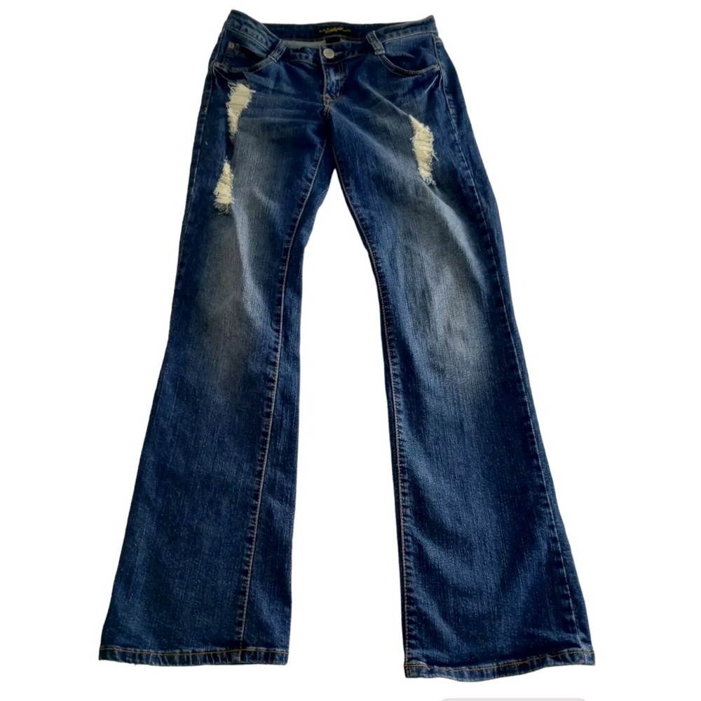 Southpole Jeans Women's 7 Blue Denim Jeans Bootcut Distress Vtg Low Rise Logo